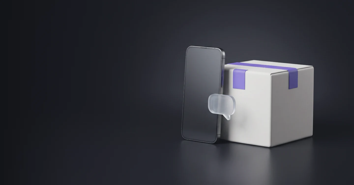 A sealed parcel next to a smartphone, with a chat bubble floating between them