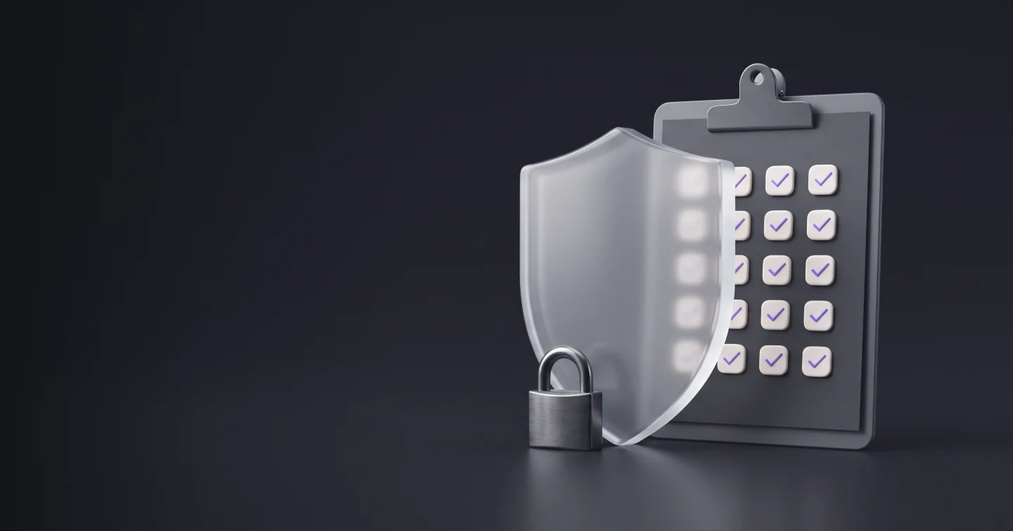 A glass shield in front of a clipboard checklist, with a padlock at its foot
