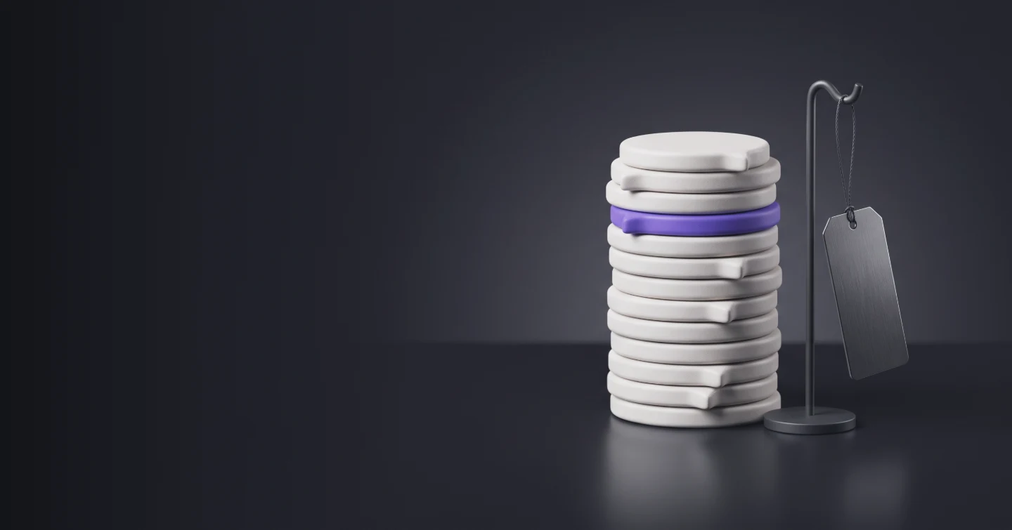 A column of chat-bubble-shaped tokens stacked like coins, beside a blank price tag