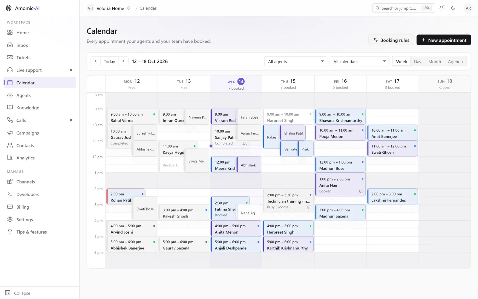 Adya by Amomic-AI calendar in week view with appointments booked by the AI agent and the team, alongside a busy slot synced from Google Calendar