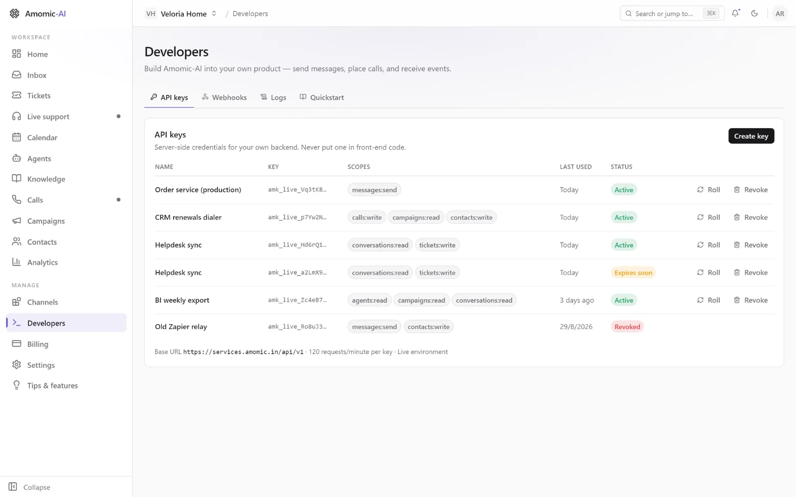 Adya by Amomic-AI developer console listing scoped API keys with their scopes, last use and status, and options to roll or revoke each key