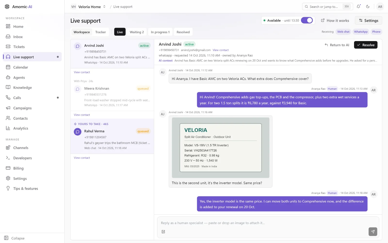Adya by Amomic-AI live support workspace showing a WhatsApp conversation handed from the AI agent to a human teammate, with the AI-written context above the thread and the queue of waiting customers on the left